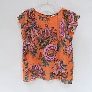 Anthropologie Farm Rio Pintuck Floral Print Chiffon Blouse Top Orange XS